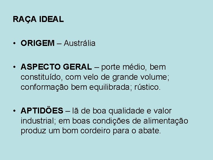 RAÇA IDEAL • ORIGEM – Austrália • ASPECTO GERAL – porte médio, bem constituído,