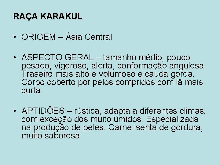 RAÇA KARAKUL • ORIGEM – Ásia Central • ASPECTO GERAL – tamanho médio, pouco