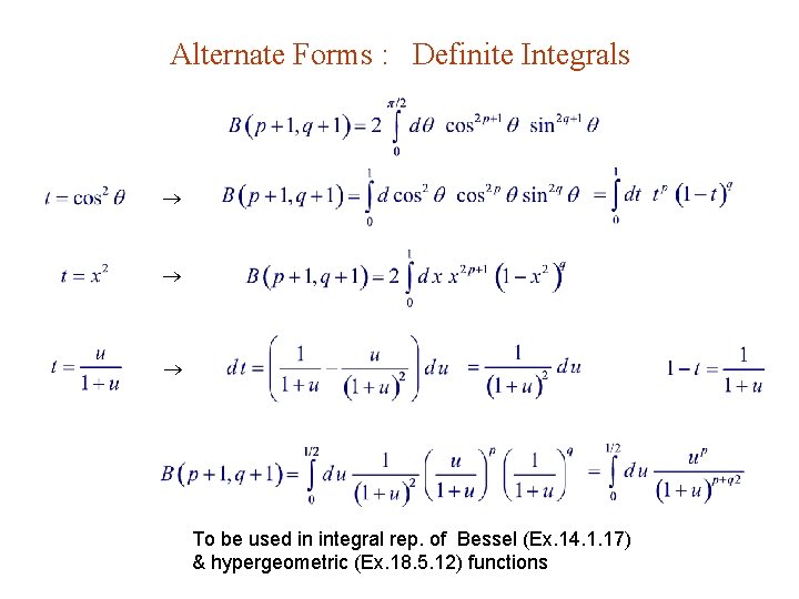 Alternate Forms : Definite Integrals To be used in integral rep. of Bessel (Ex.