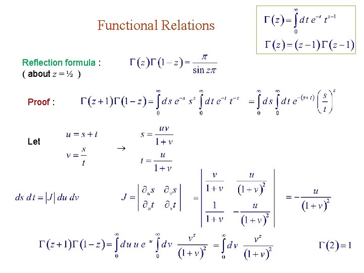 Functional Relations Reflection formula : ( about z = ½ ) Proof : Let