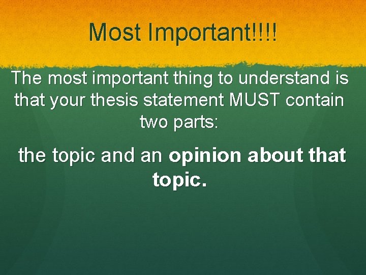 Most Important!!!! The most important thing to understand is that your thesis statement MUST