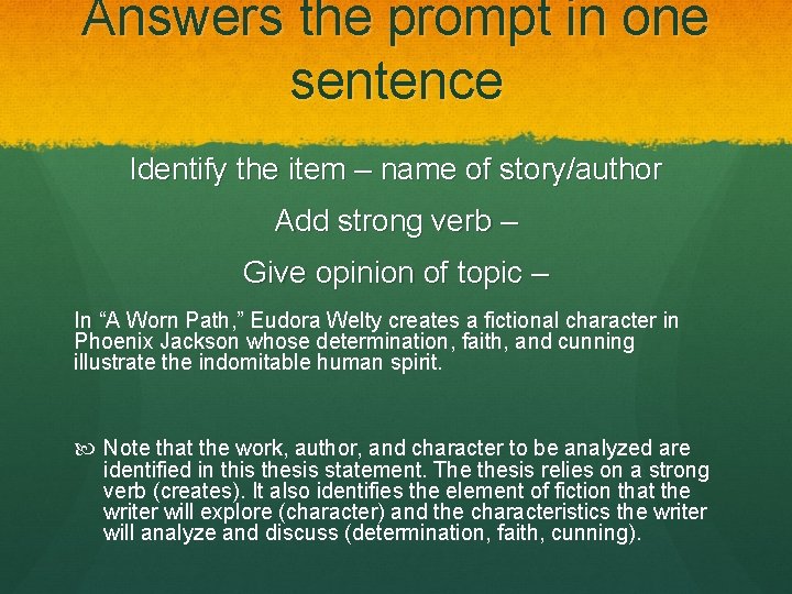 Answers the prompt in one sentence Identify the item – name of story/author Add