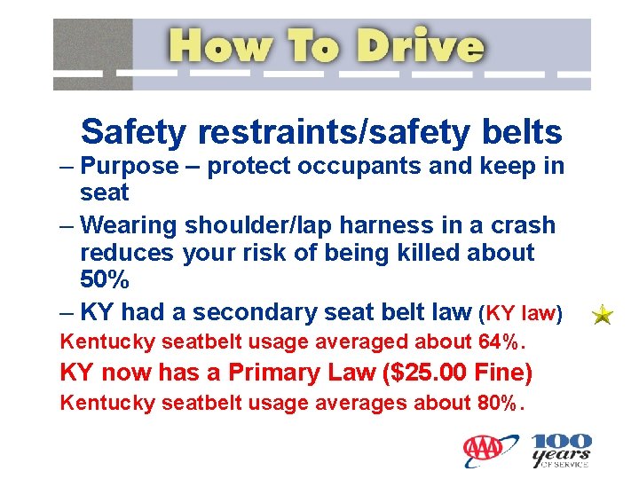 Safety restraints/safety belts – Purpose – protect occupants and keep in seat – Wearing