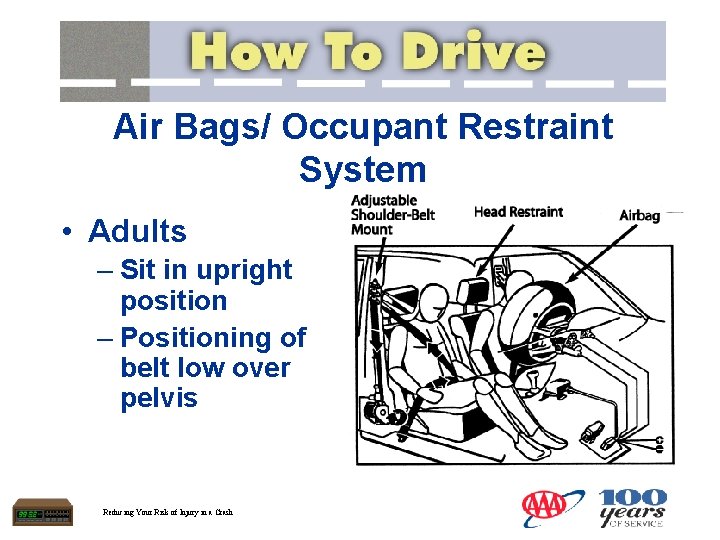 Air Bags/ Occupant Restraint System • Adults – Sit in upright position – Positioning