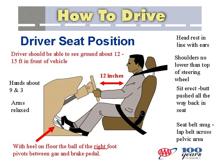 Driver Seat Position Driver should be able to see ground about 12 15 ft