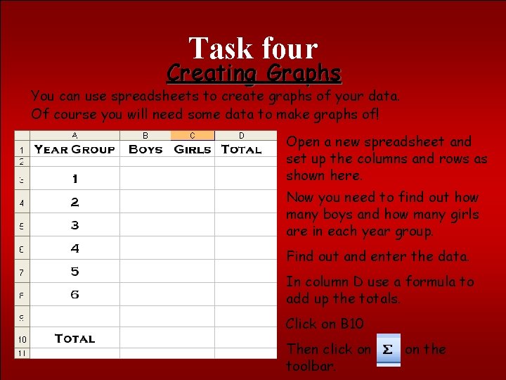 Task four Creating Graphs You can use spreadsheets to create graphs of your data.