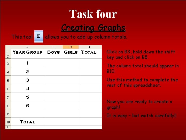 Task four This tool Creating Graphs allows you to add up column totals. Click