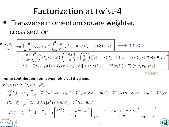 Factorization at twist-4 § Transverse momentum square weighted cross section T-4 LO T-4 NLO