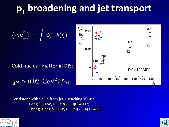 p. T broadening and jet transport Cold nuclear matter in DIS: Consistent with value