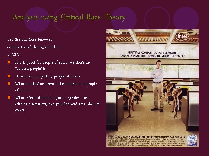 Analysis using Critical Race Theory Use the questions below to critique the ad through