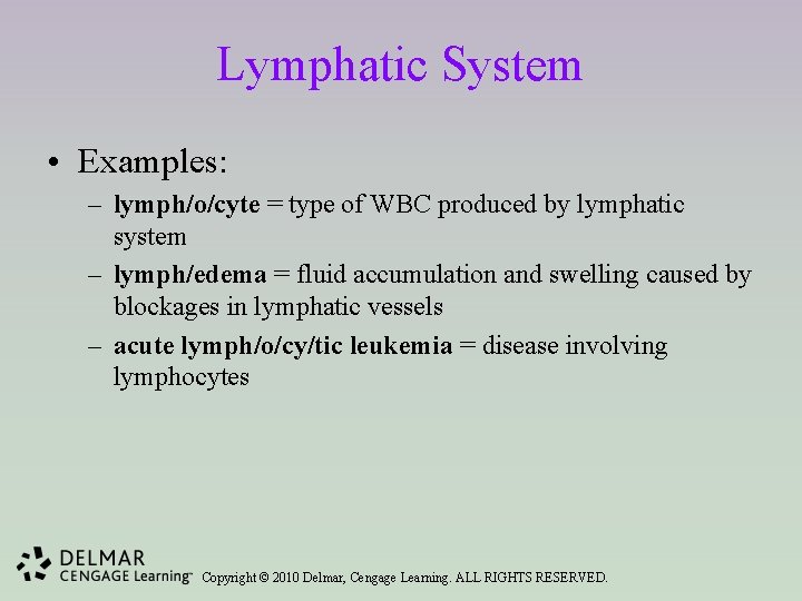 Lymphatic System • Examples: – lymph/o/cyte = type of WBC produced by lymphatic system