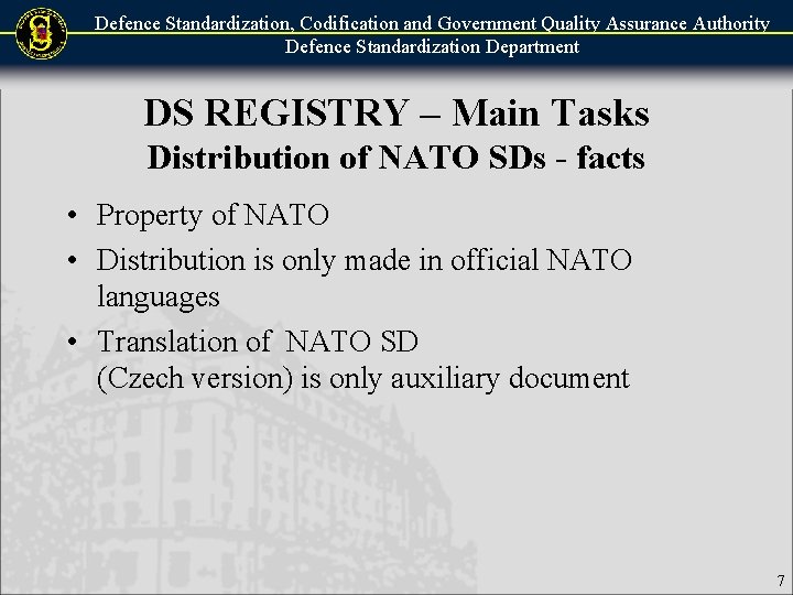 Defence Standardization, Codification and Government Quality Assurance Authority Defence Standardization Department DS REGISTRY –