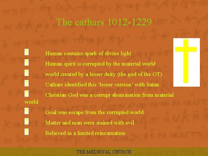 The cathars 1012 -1229 Human contains spark of divine light Human spirit is corrupted