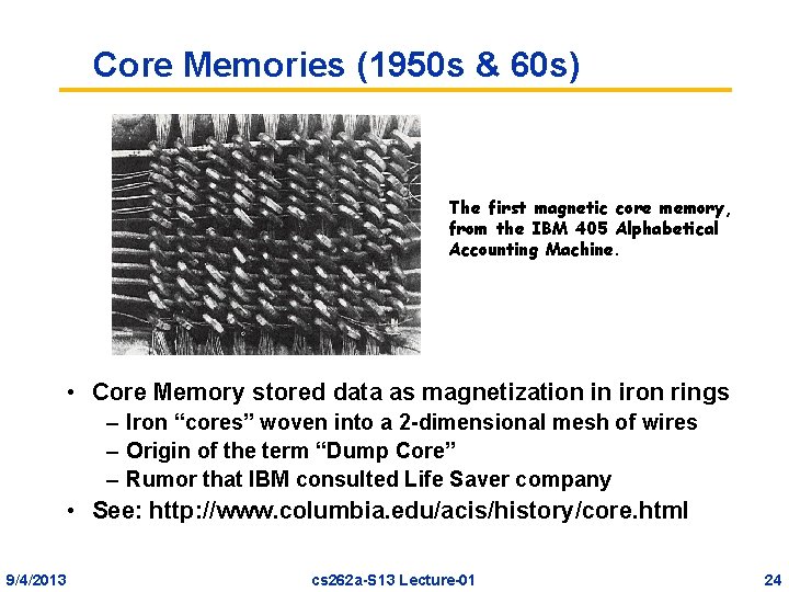 Core Memories (1950 s & 60 s) The first magnetic core memory, from the