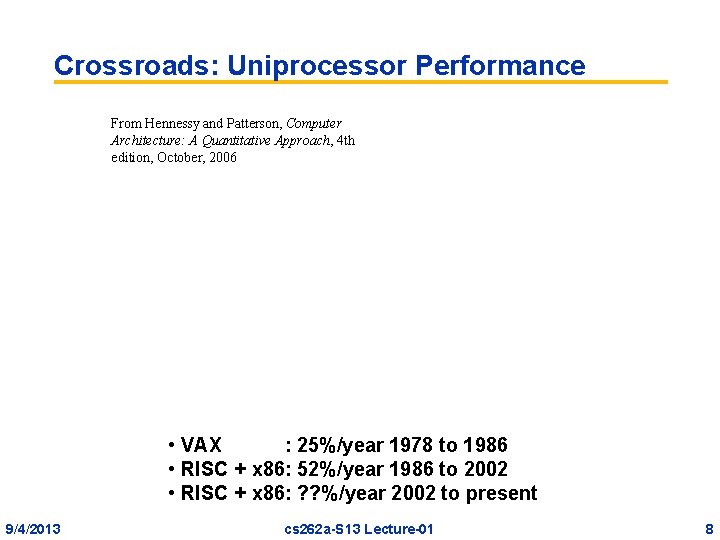 Crossroads: Uniprocessor Performance From Hennessy and Patterson, Computer Architecture: A Quantitative Approach, 4 th