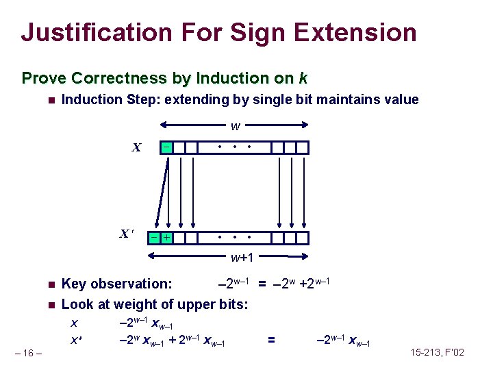 Justification For Sign Extension Prove Correctness by Induction on k n Induction Step: extending