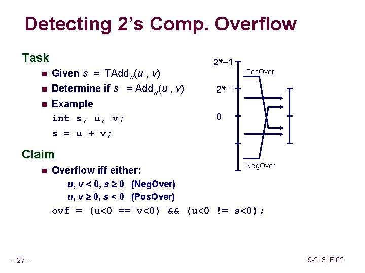 Detecting 2’s Comp. Overflow Task 2 w– 1 n Given s = TAddw(u ,