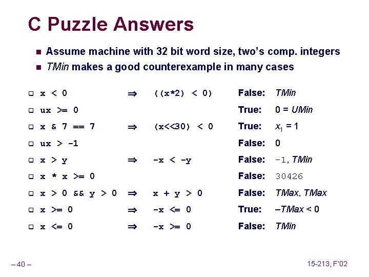 C Puzzle Answers n n Assume machine with 32 bit word size, two’s comp.