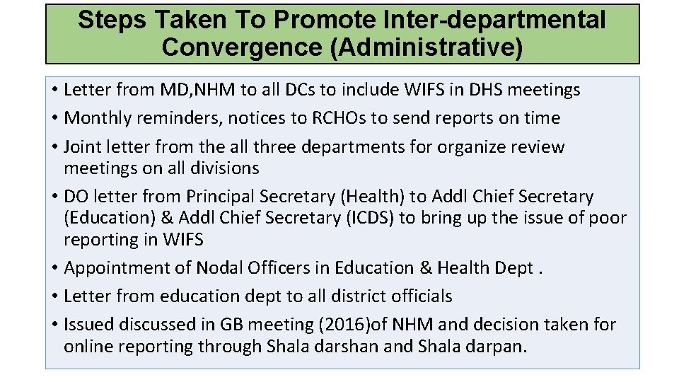 Steps Taken To Promote Inter-departmental Convergence (Administrative) • Letter from MD, NHM to all