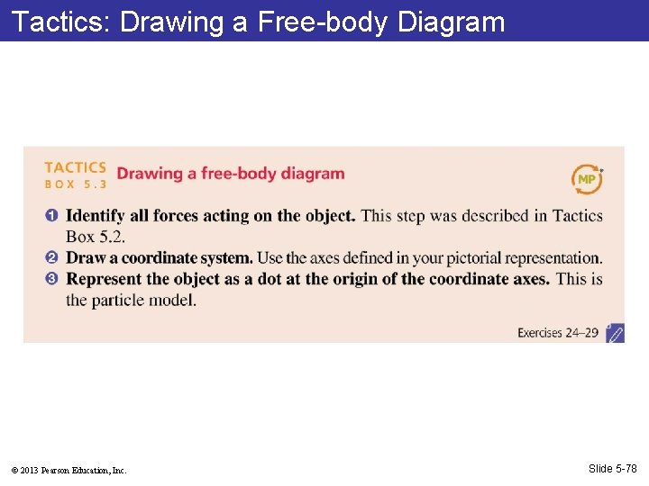 Tactics: Drawing a Free-body Diagram © 2013 Pearson Education, Inc. Slide 5 -78 