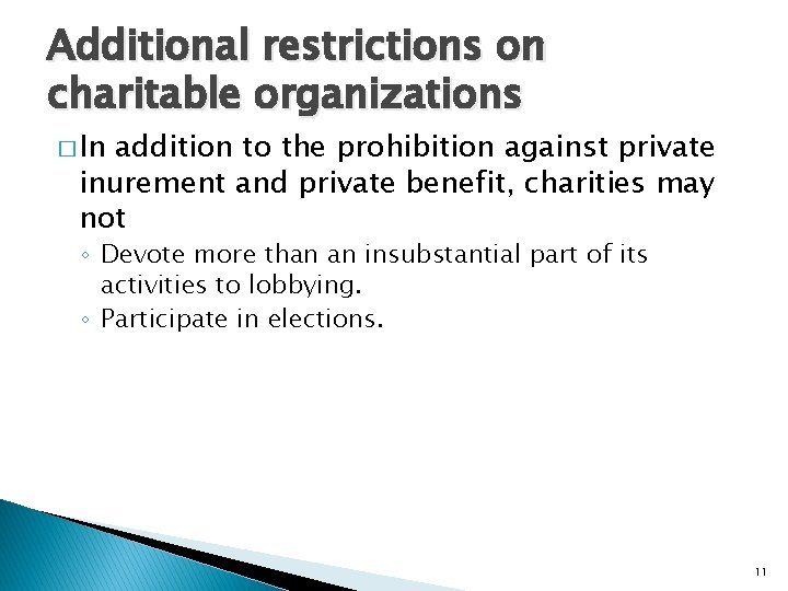 Additional restrictions on charitable organizations � In addition to the prohibition against private inurement Additional restrictions on charitable organizations � In addition to the prohibition against private inurement