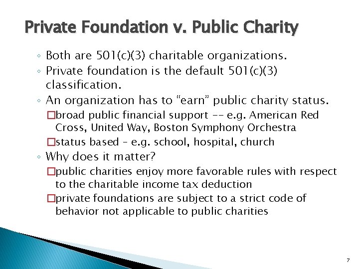 Private Foundation v. Public Charity ◦ Both are 501(c)(3) charitable organizations. ◦ Private foundation Private Foundation v. Public Charity ◦ Both are 501(c)(3) charitable organizations. ◦ Private foundation