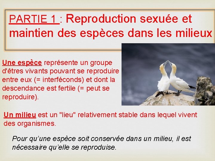 PARTIE 1 : Reproduction sexuée et maintien des espèces dans les milieux Une espèce