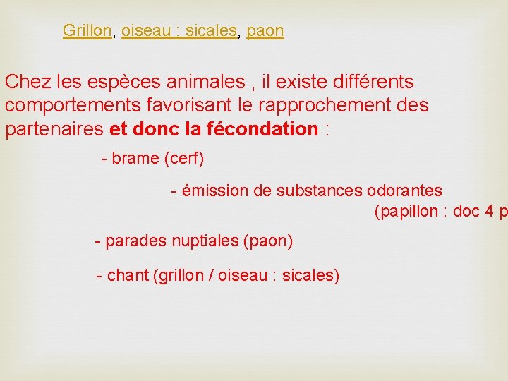 Grillon, oiseau : sicales, paon Chez les espèces animales , il existe différents comportements