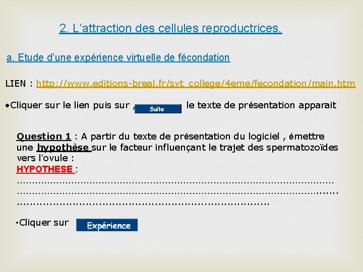 2. L’attraction des cellules reproductrices. a. Etude d’une expérience virtuelle de fécondation LIEN :