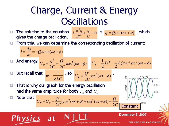 Charge, Current & Energy Oscillations The solution to the equation is , which gives