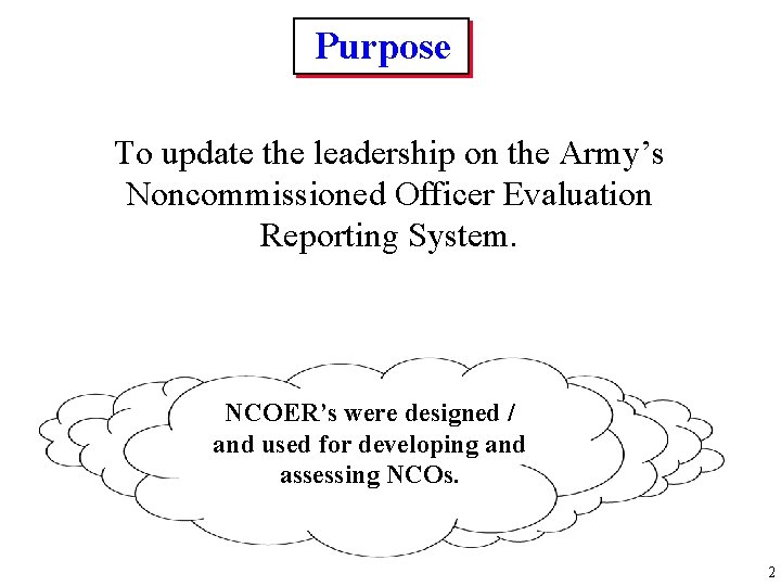 Purpose To update the leadership on the Army’s Noncommissioned Officer Evaluation Reporting System. NCOER’s