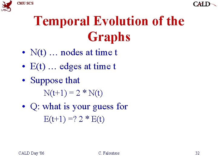 CMU SCS Temporal Evolution of the Graphs • N(t) … nodes at time t CMU SCS Temporal Evolution of the Graphs • N(t) … nodes at time t