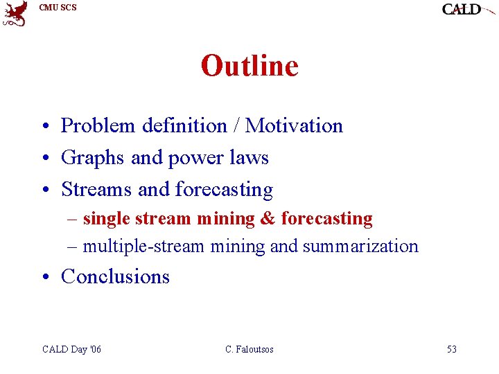 CMU SCS Outline • Problem definition / Motivation • Graphs and power laws • CMU SCS Outline • Problem definition / Motivation • Graphs and power laws •