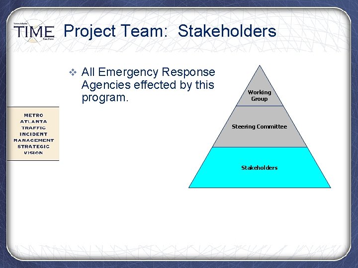 Project Team: Stakeholders v All Emergency Response Agencies effected by this program. Working Group