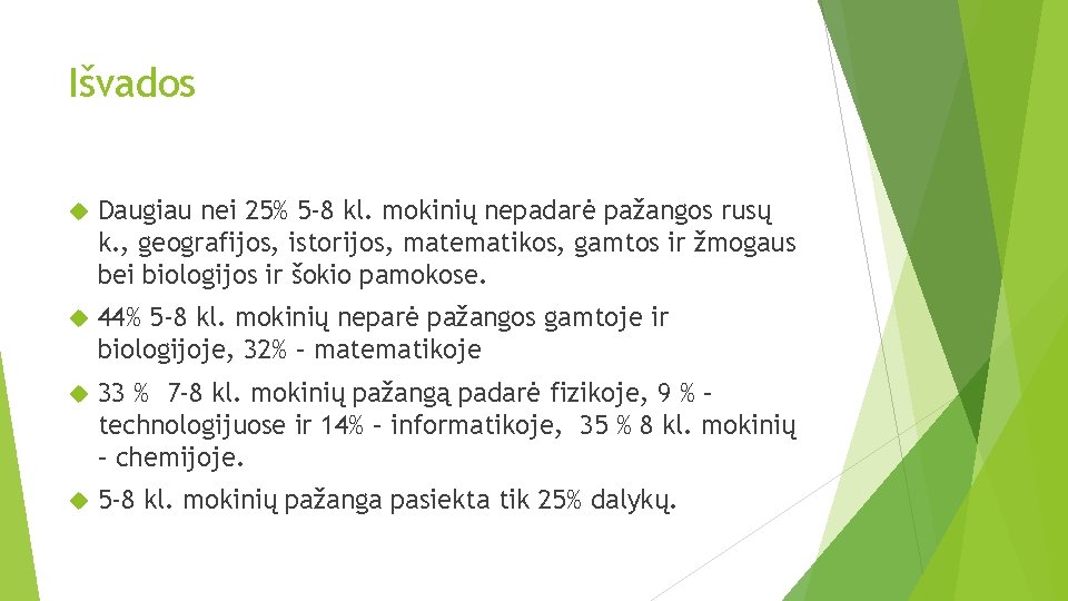 Išvados Daugiau nei 25% 5 -8 kl. mokinių nepadarė pažangos rusų k. , geografijos,