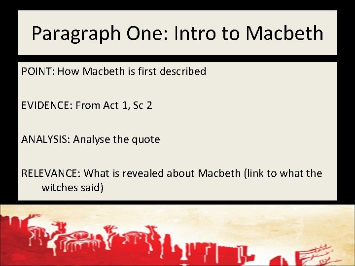 Paragraph One: Intro to Macbeth POINT: How Macbeth is first described EVIDENCE: From Act