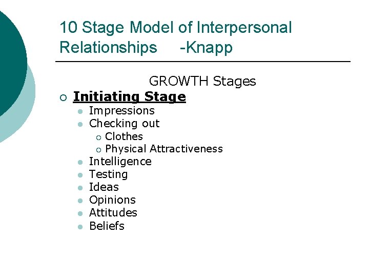 10 Stage Model of Interpersonal Relationships -Knapp ¡ GROWTH Stages Initiating Stage l l