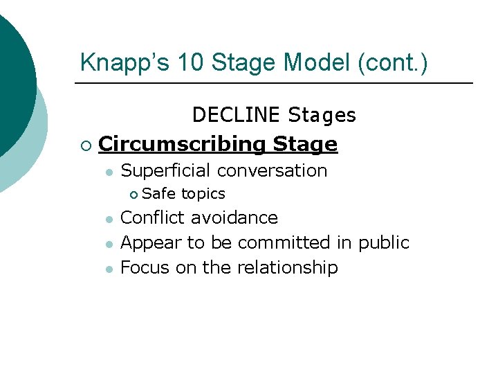 Knapp’s 10 Stage Model (cont. ) DECLINE Stages ¡ Circumscribing Stage l Superficial conversation