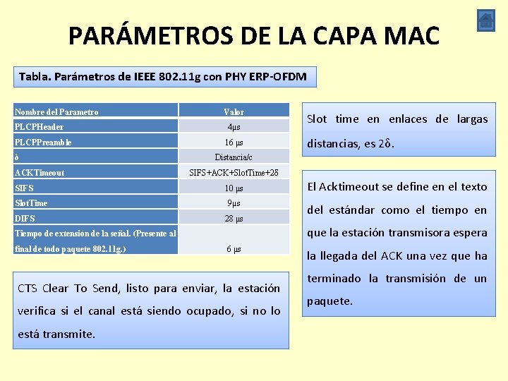PARÁMETROS DE LA CAPA MAC Tabla. Parámetros de IEEE 802. 11 g con PHY