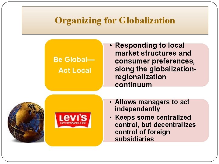 Organizing for Globalization Be Global— Act Local • Responding to local market structures and