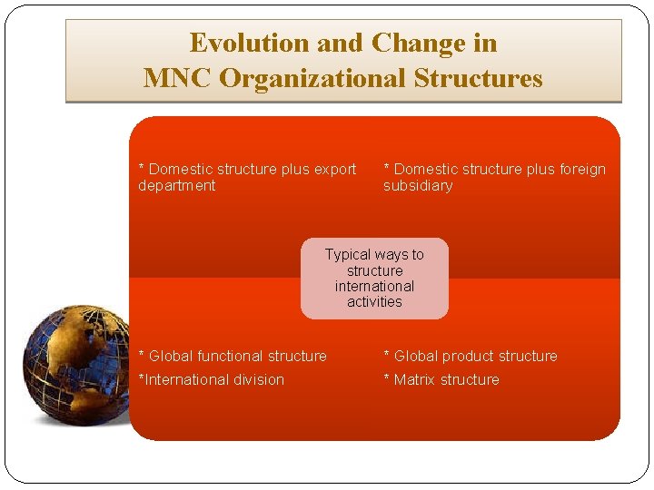Evolution and Change in MNC Organizational Structures * Domestic structure plus export department *