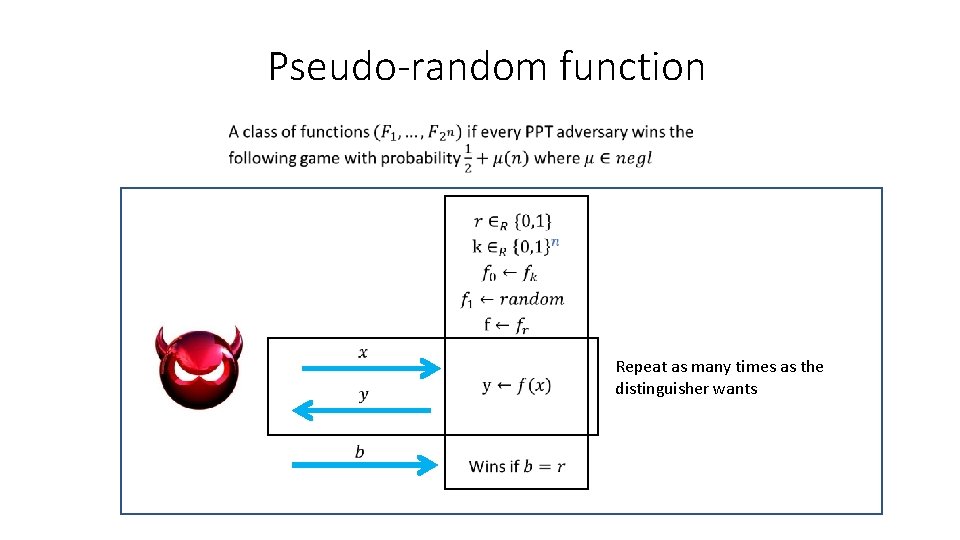Pseudo-random function Repeat as many times as the distinguisher wants 