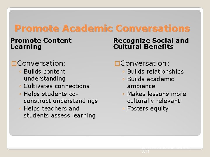 Promote Academic Conversations Promote Content Learning Recognize Social and Cultural Benefits � Conversation: ◦