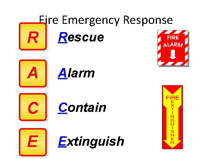 Fire Emergency Response R Rescue A Alarm C Contain E Extinguish 