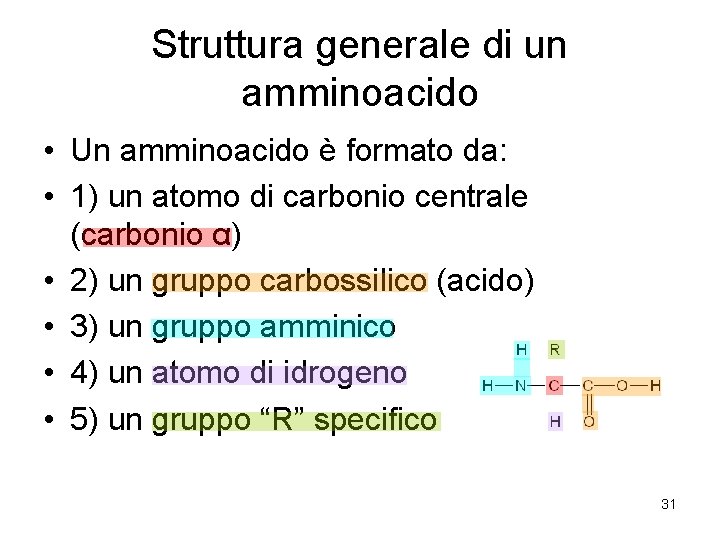 Struttura generale di un amminoacido • Un amminoacido è formato da: • 1) un