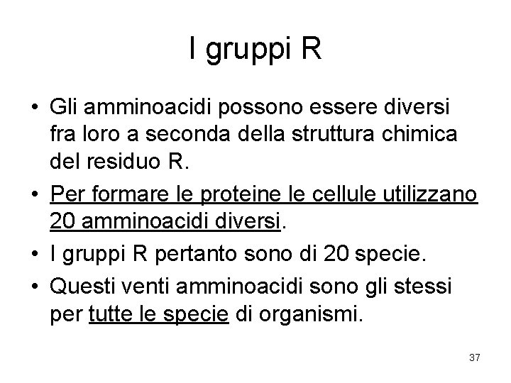 I gruppi R • Gli amminoacidi possono essere diversi fra loro a seconda della