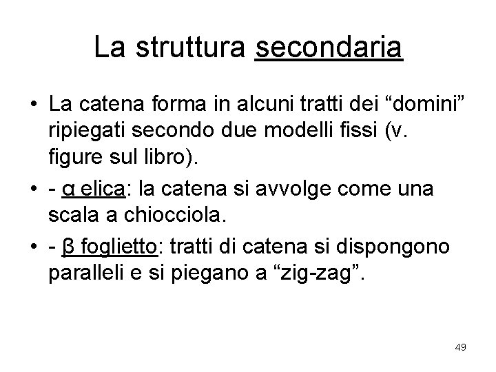 La struttura secondaria • La catena forma in alcuni tratti dei “domini” ripiegati secondo