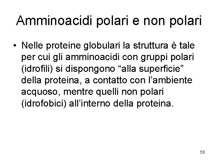 Amminoacidi polari e non polari • Nelle proteine globulari la struttura è tale per
