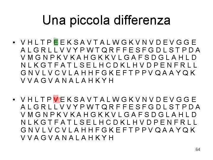 Una piccola differenza • VHLTPEEKSAVTALWGKVNVDEVGGE ALGRLLVVYPWTQRFFESFGDLSTPDA VMGNPKVKAHGKKVLGAFSDGLAHLD NLKGTFATLSELHCDKLHVDPENFRLL GNVLVCVLAHHFGKEFTPPVQAAYQK VVAGVANALAHKYH • VHLTPVEKSAVTALWGKVNVDEVGGE ALGRLLVVYPWTQRFFESFGDLSTPDA VMGNPKVKAHGKKVLGAFSDGLAHLD