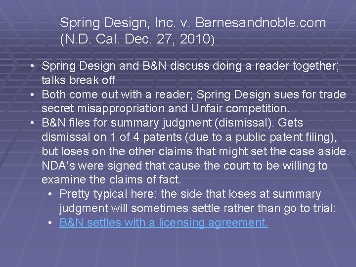 Spring Design, Inc. v. Barnesandnoble. com (N. D. Cal. Dec. 27, 2010) • Spring